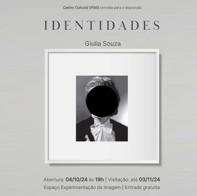 Exposição individual: ‘Identidades’, de Giulia Souza. O Centro Cultural UFMG convida para a abertura da exposição individual ‘Identidades’.